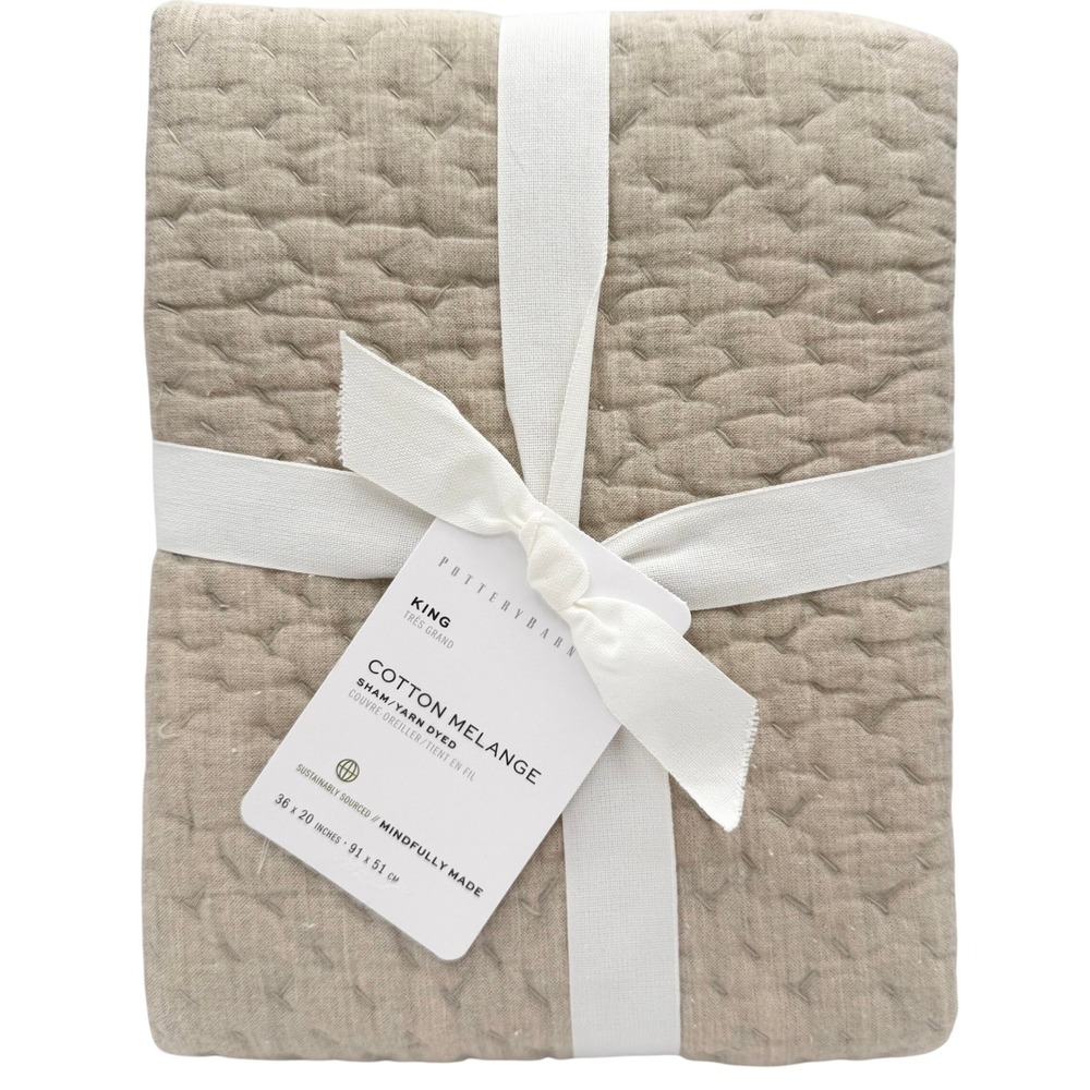 Pottery Barn Cotton Melange Sham King Flax Beige NEW Quilted Pick-Stitch Bedding